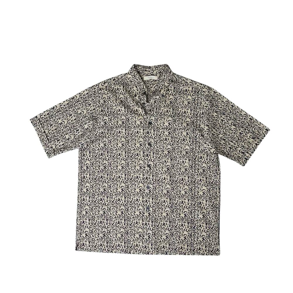 Turnbury Men's Short Sleeve Button Up Shirt M Black Beige Cotton Pattern Casual